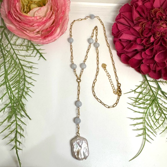 NEW⚜️Raw Aquamarine Baroque Pearl Lariat Necklace - Picture 2 of 8